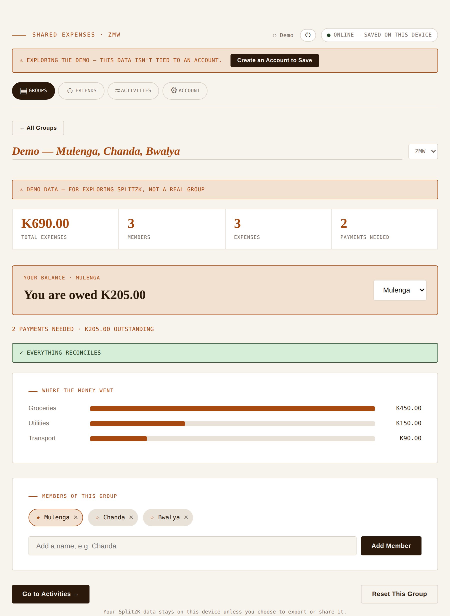 SplitZK demo group showing three members, total expenses of K690, a settle-up balance owed to Mulenga, and a spending breakdown by category